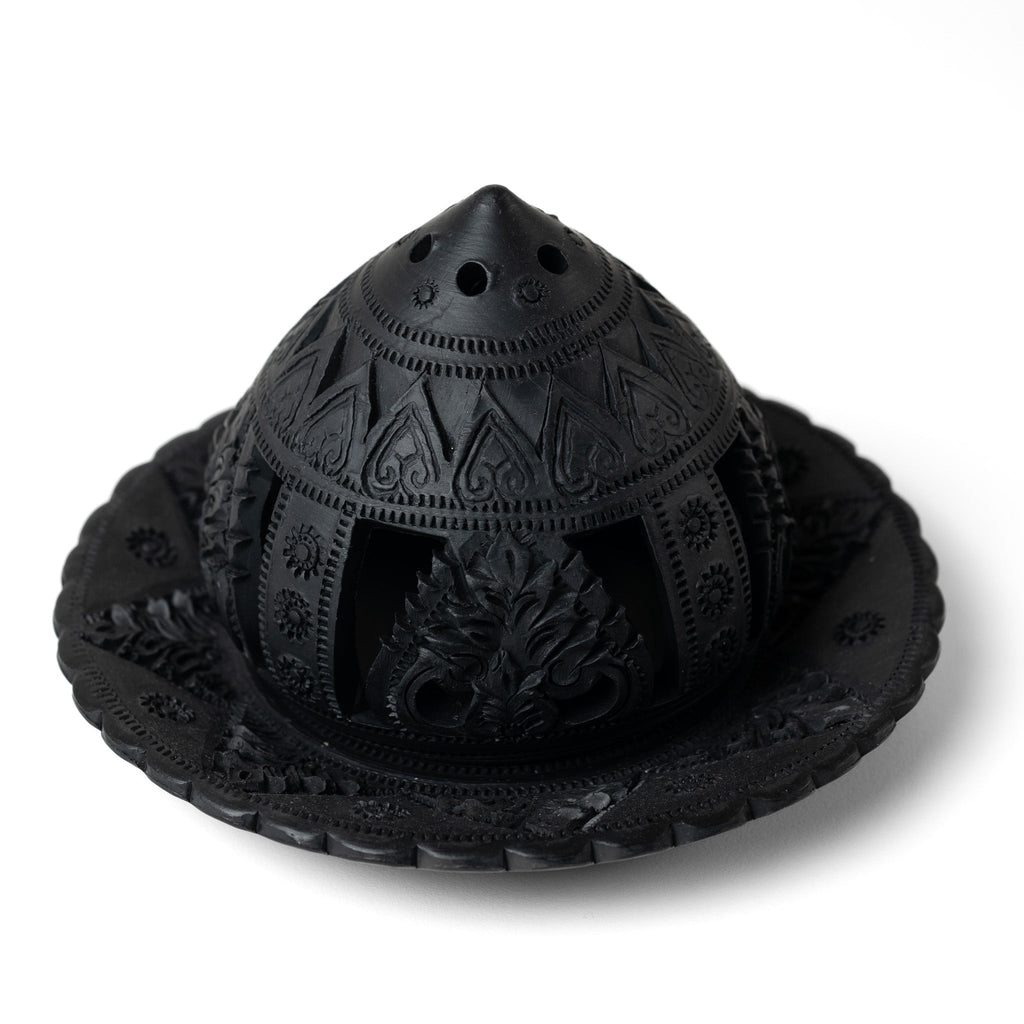 Carved Black Tealight Holder with Plate