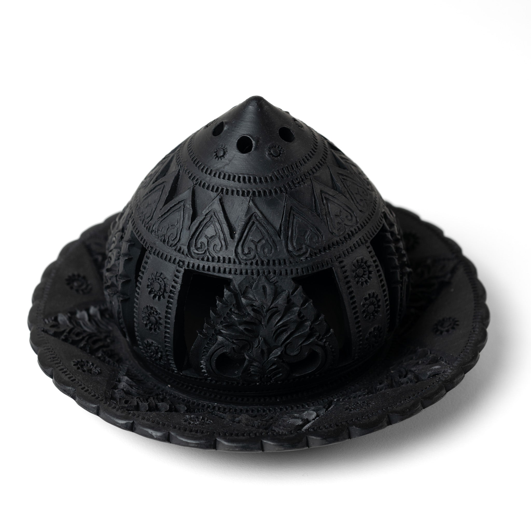 Carved Black Tealight Holder with Plate