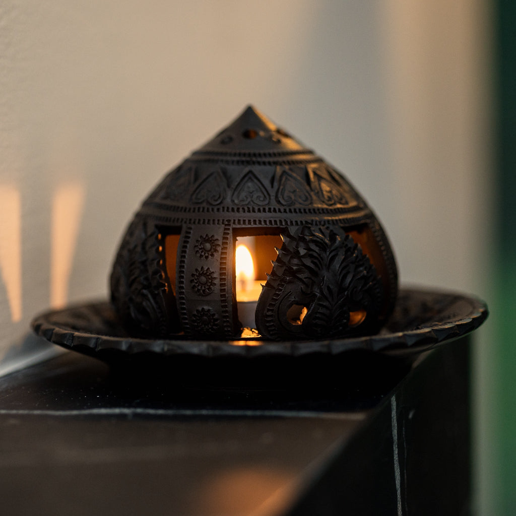 Carved Black Tealight Holder with Plate