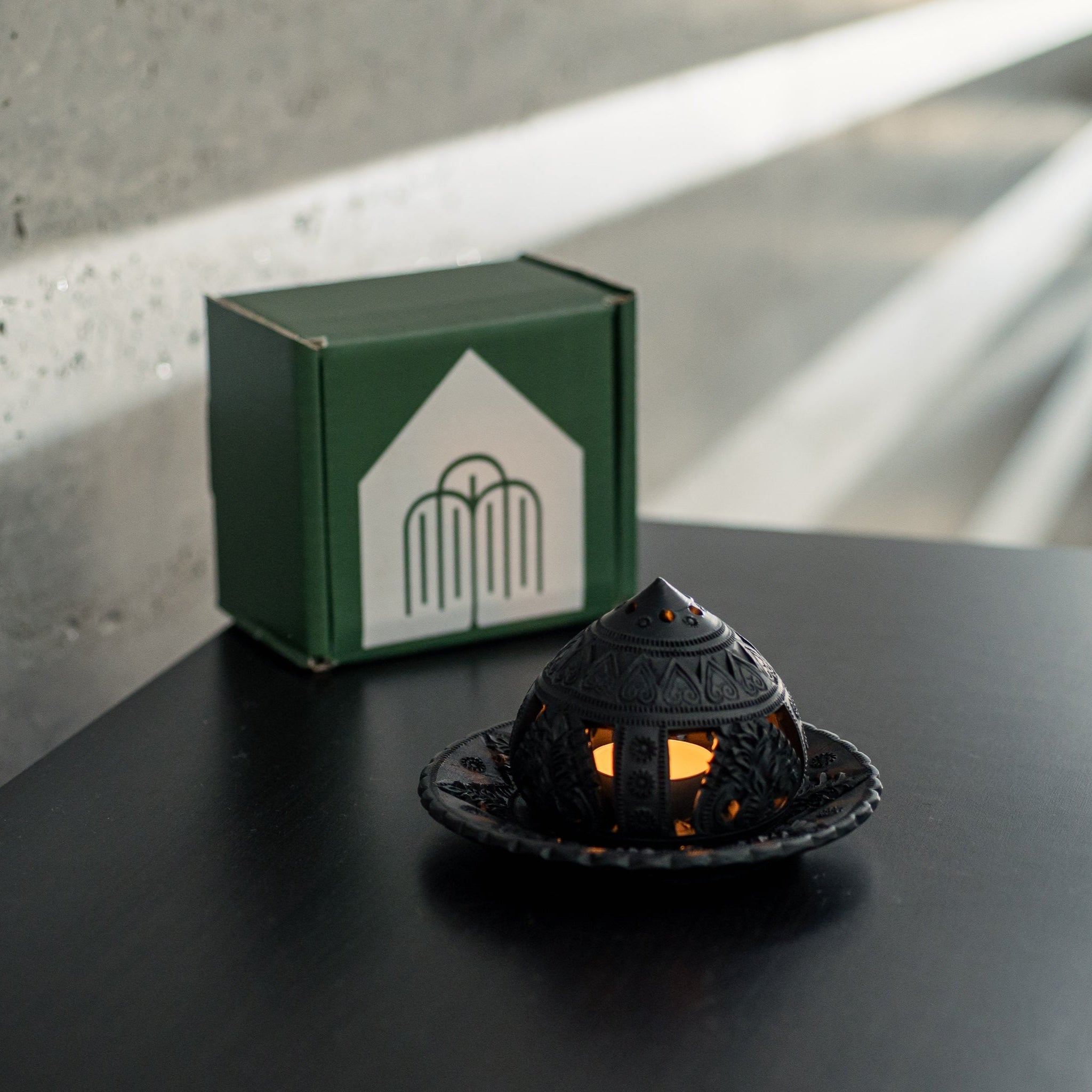 Carved Black Tealight Holder with Plate