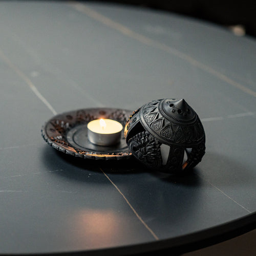 Carved Black Tealight Holder with Plate