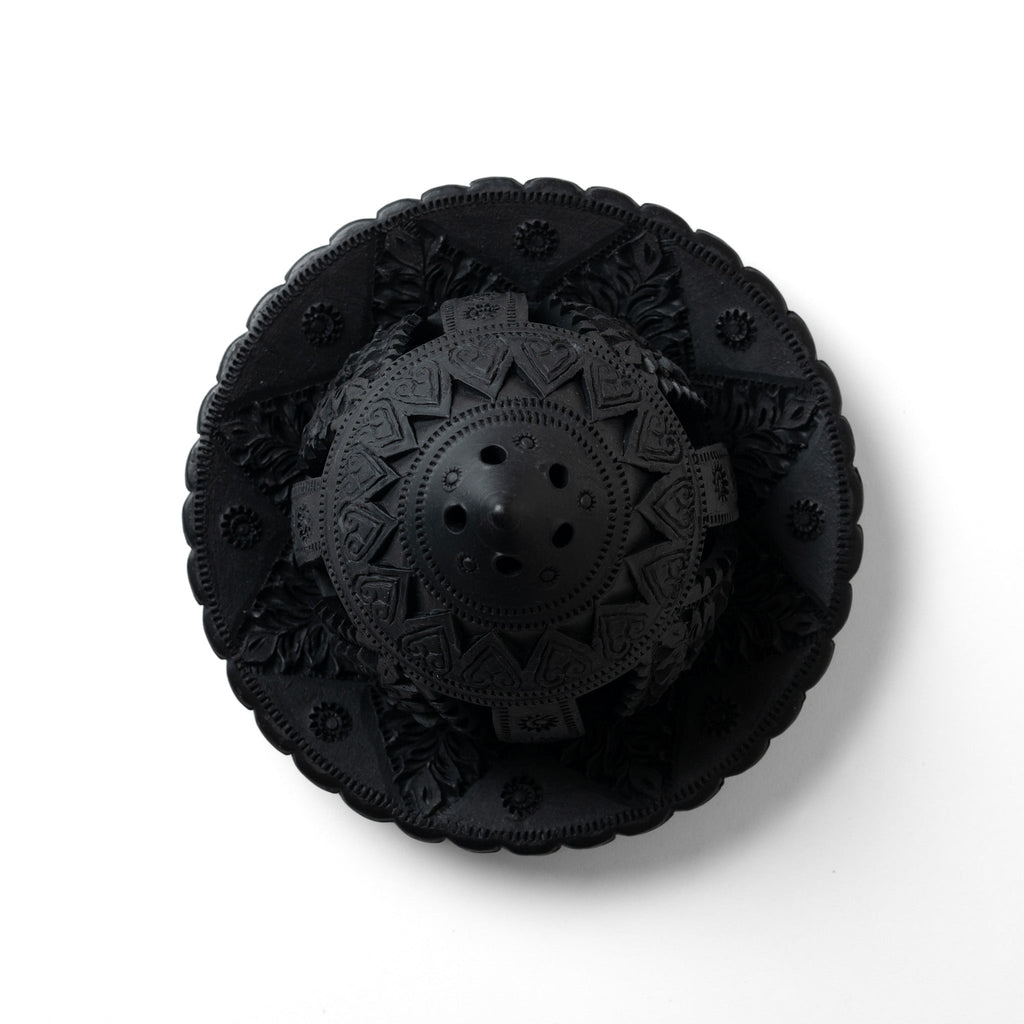 Carved Black Tealight Holder with Plate
